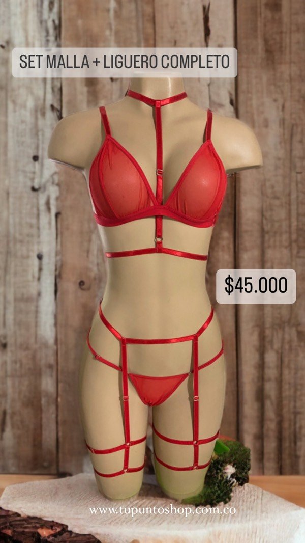 BRA + TANGA MALLA TEX ROJA